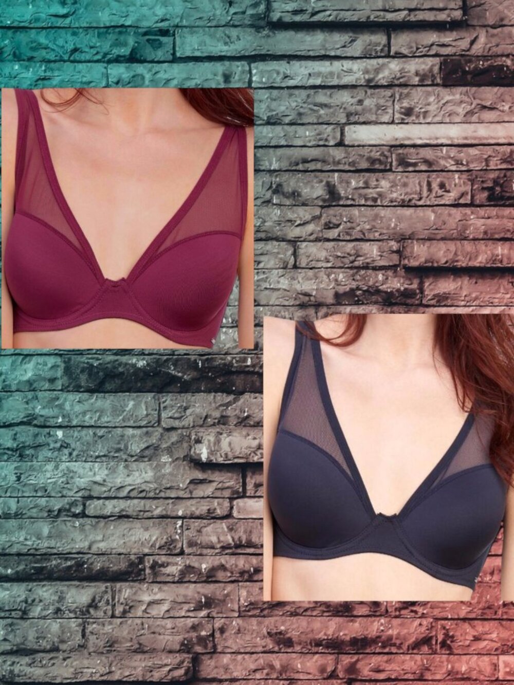 2 NWT Vince Camuto T-Shirt Bra Mesh Panel 34C Lined UW Red Blue Bundle VC051156